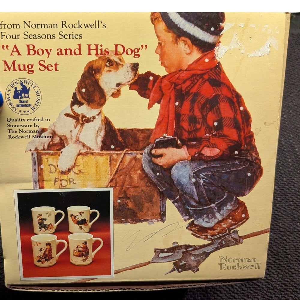 Vintage Norman Rockwell Four Seasons Stoneware Mug Set Japan NIB